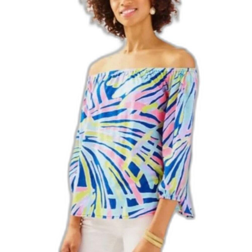 Lilly Pulitzer Pink Navy Abstract Print Off The Shoulder 3/4 Sleeve Top Size M